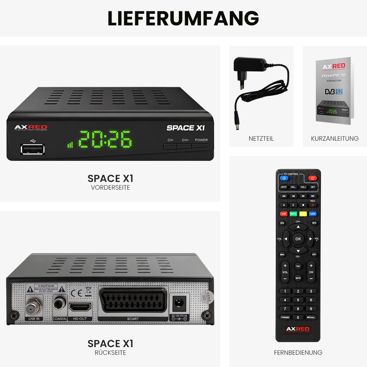 [ Test SEHR GUT, Note 1.0 *] AXRED Space X1 HDTV Sat Receiver mit Aufnahmefunktion, HD fähig, Full HD, Digital Sat-Receiver für Satellitenschüssel Satelliten Satellit TV Fernseher, HD-Receiver, HDMI