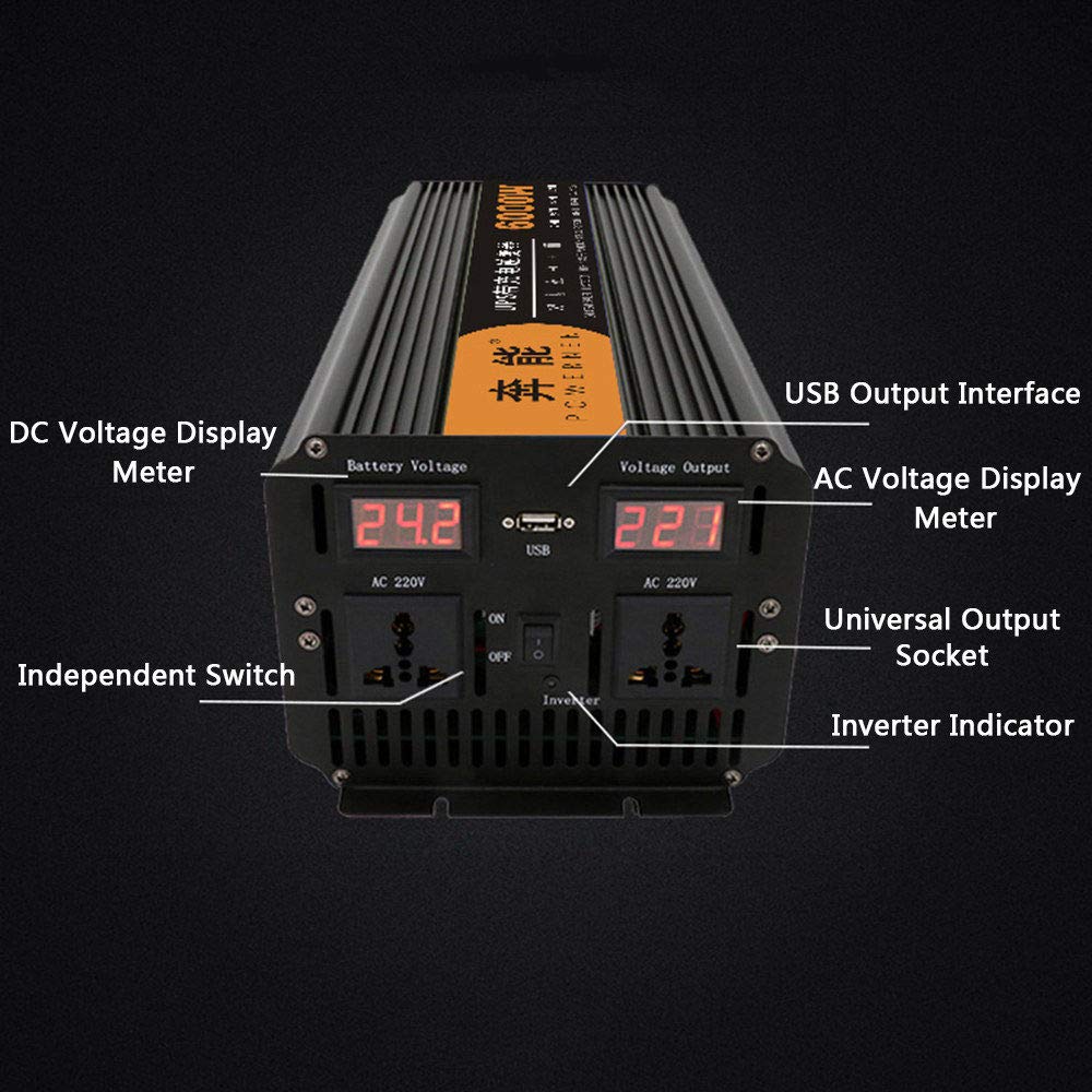 Przetwornica napięcia samochodowego DC 12 V 24 V na AC 230 V Falownik 4000 W Przetwornik napięcia czystej fali sinusoidalnej z gniazdem AC i złączami USB Cyfrowy wyświetlacz LED, 24 V (12 V)