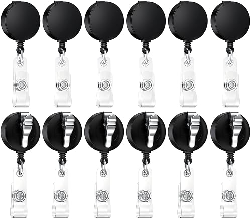 Anffilona 12 Pack Retractable Badge Holder Reel ID Badge Reels Name Holder with Alligator Clip 20 Pack DIY Pattern Stickers for Office Worker Doctor Nurse Student (12 Pieces Black)