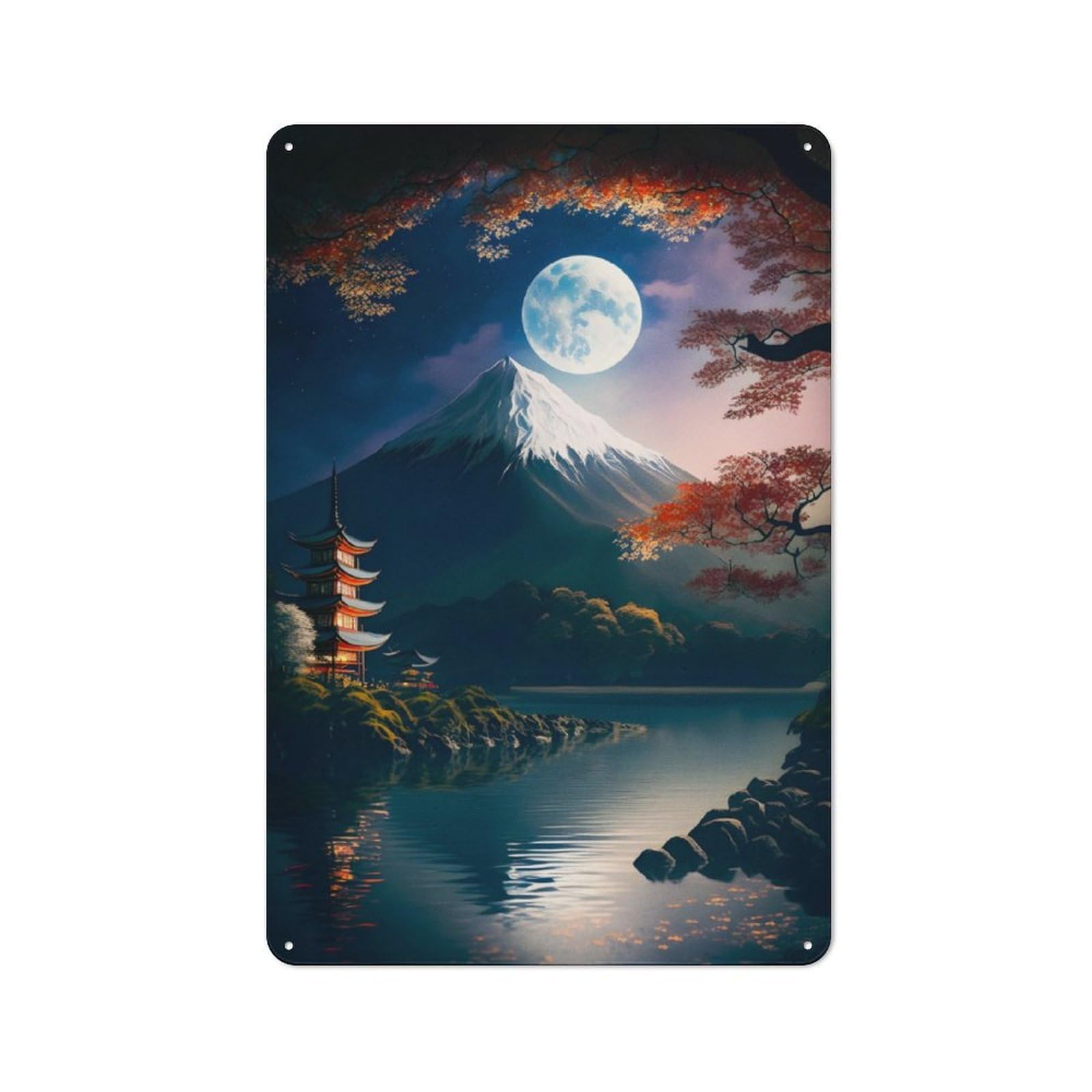 Junmoney Moonlight Nature Japanese Metal Sign 30X20cm With For Workshop Wall, Rustic Decor, For Garage, Workshop And Man Cave Decoration