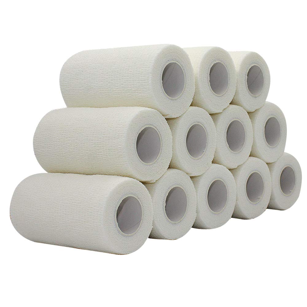 STpro Crepe Bandage 10cm x 12 Rolls White Elastic Bandage Cohesive Bandages Waterproof Bandage Vet Wrap Support Bandage Cohesive Support Bandage Vets Tape Self Adhesive Bandage