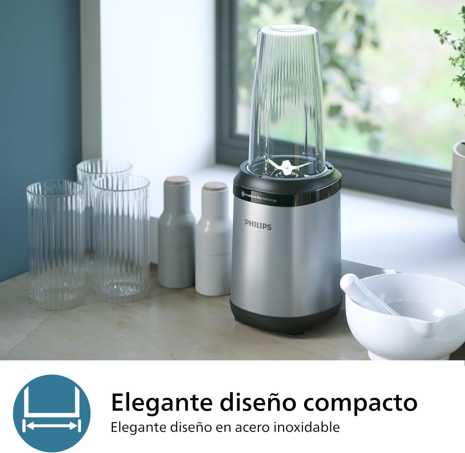 Philips Blender Serie 5000, Batidora Personal, Apta para Lavavajillas, Tecnología ProBlend Plus, Vaso de Tritan de 700 ml, Aplicación de Recetas HomeID, Plata/Metal (HR2764/00)