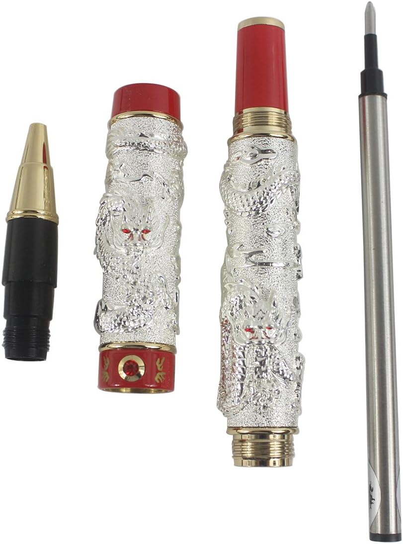 Double Classical Chinese Dragons Playing Exquisite Carvings 3D Rollerball Pen - Silver & Red