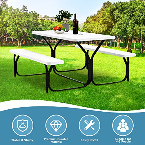 Haddockway Picnic Table Bench Set Patio Camping Table With All Weather Metal Base And Plastic Table Top Outdoor Dining Garden Deck Furniture For Adult White #TOP4