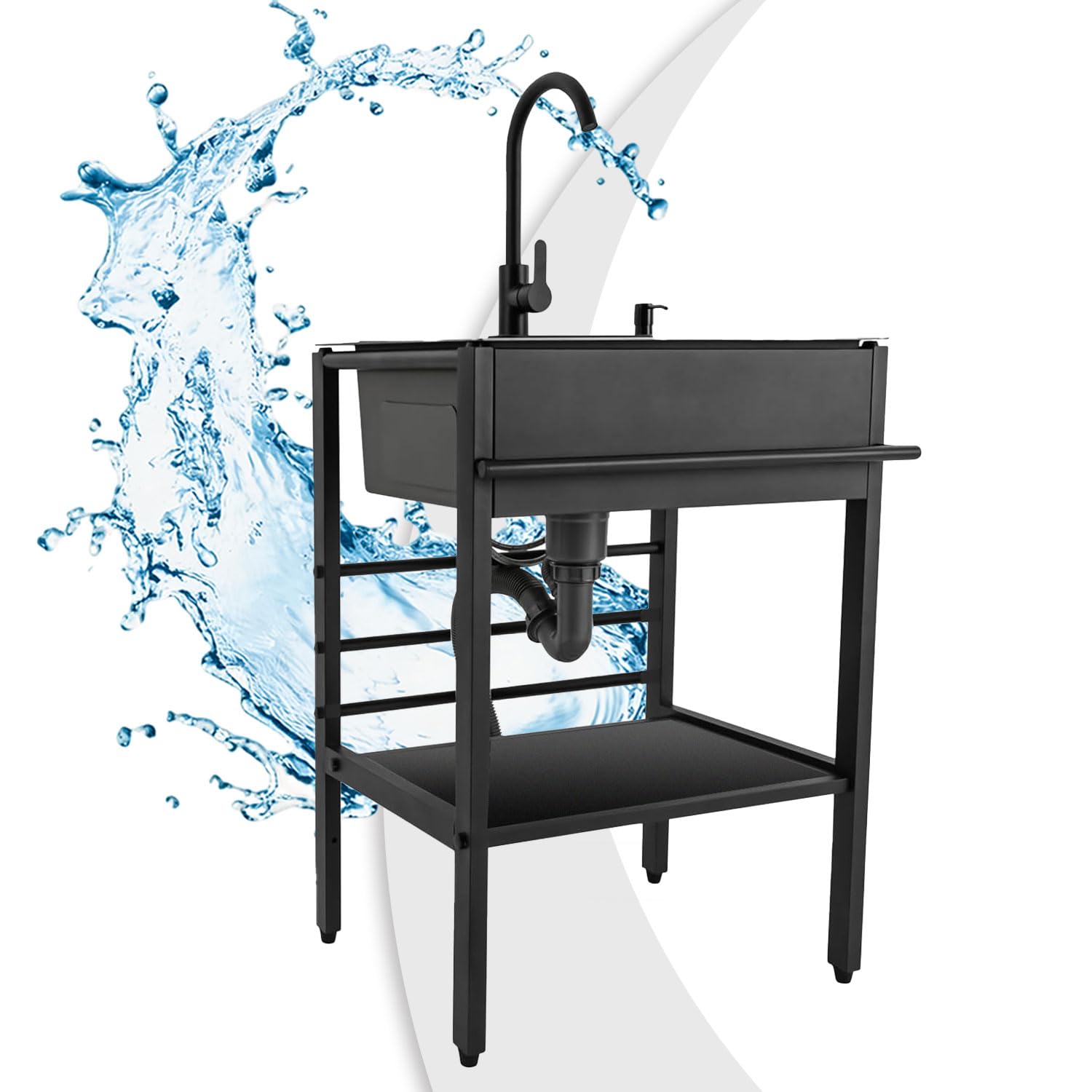 Lavello Esterno Autoportante,Lavandino in Acciaio Inox Professionale 1 Vasca,Lavello in acciaio inossidabile nero,per Interno Ristorante Caffè Garage 50x40x86cm