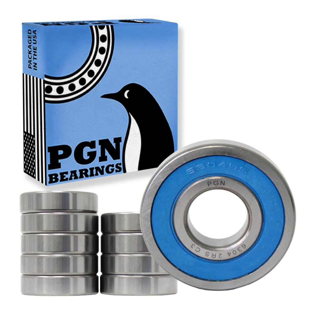 PGN (10 Pack) 6304-2RS Bearing - Lubricated Chrome Steel Sealed Ball Bearing - 20x52x15mm Bearings with Rubber Seal & High RPM Support