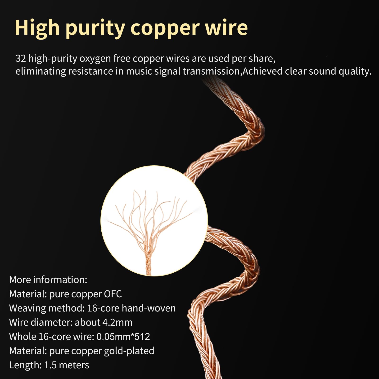 okcsc Cable de repuesto mejorado ZT16 R70X R70XA, cable de auriculares dual R70X a 3,5 mm, cable de cobre libre de oxígeno OFC de 16 núcleos, funciona para auriculares R70X R70XA de 4.92 pies