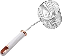 Deepened Skimmer Spoon Kitchen Oil Spoon Mesh Strainer Hot Pot Noodles Strainer for Noodles Cooking Hot Pot Ingredients, white handle