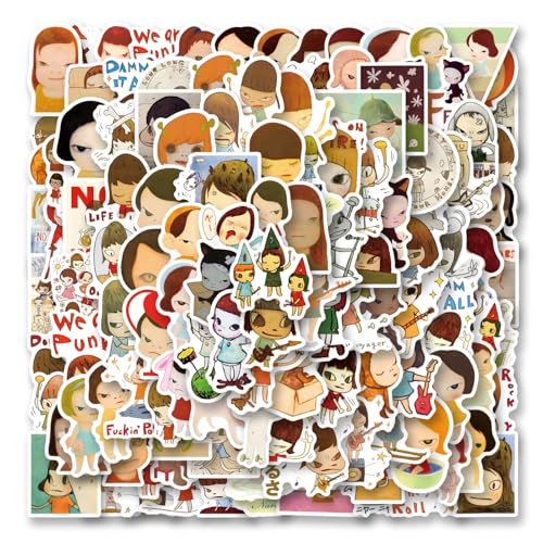 130pcs Yoshitomo Nara Stickers Pack Aesthetic Vinyl Waterproof Decals for Water Bottle Laptop Phone Skateboard Scrapbooking Bumper Decor for Fans for Party Supply Decor