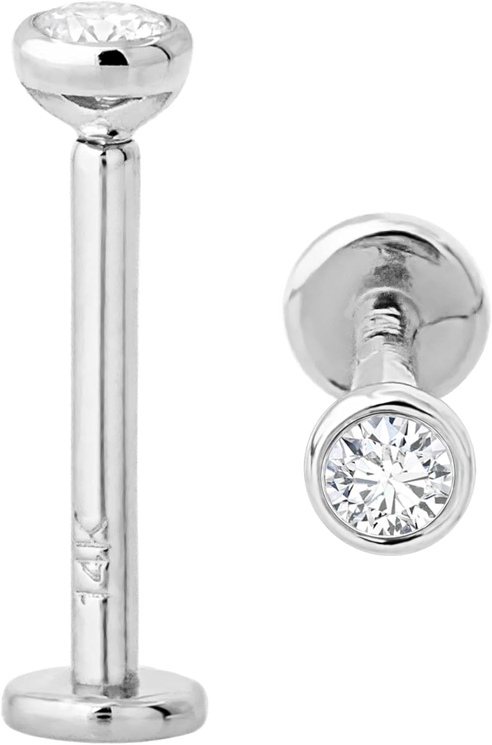 Jewelry Avalanche 16G 14K White Gold Bezel Set 2.5mm (0.08ct) Diamond Labret Monroe Stud 10mm Post Flat Disk Bottom Lip Ring Tragus Stud Internally Threaded 14KLBRT-BZ25WD10WG