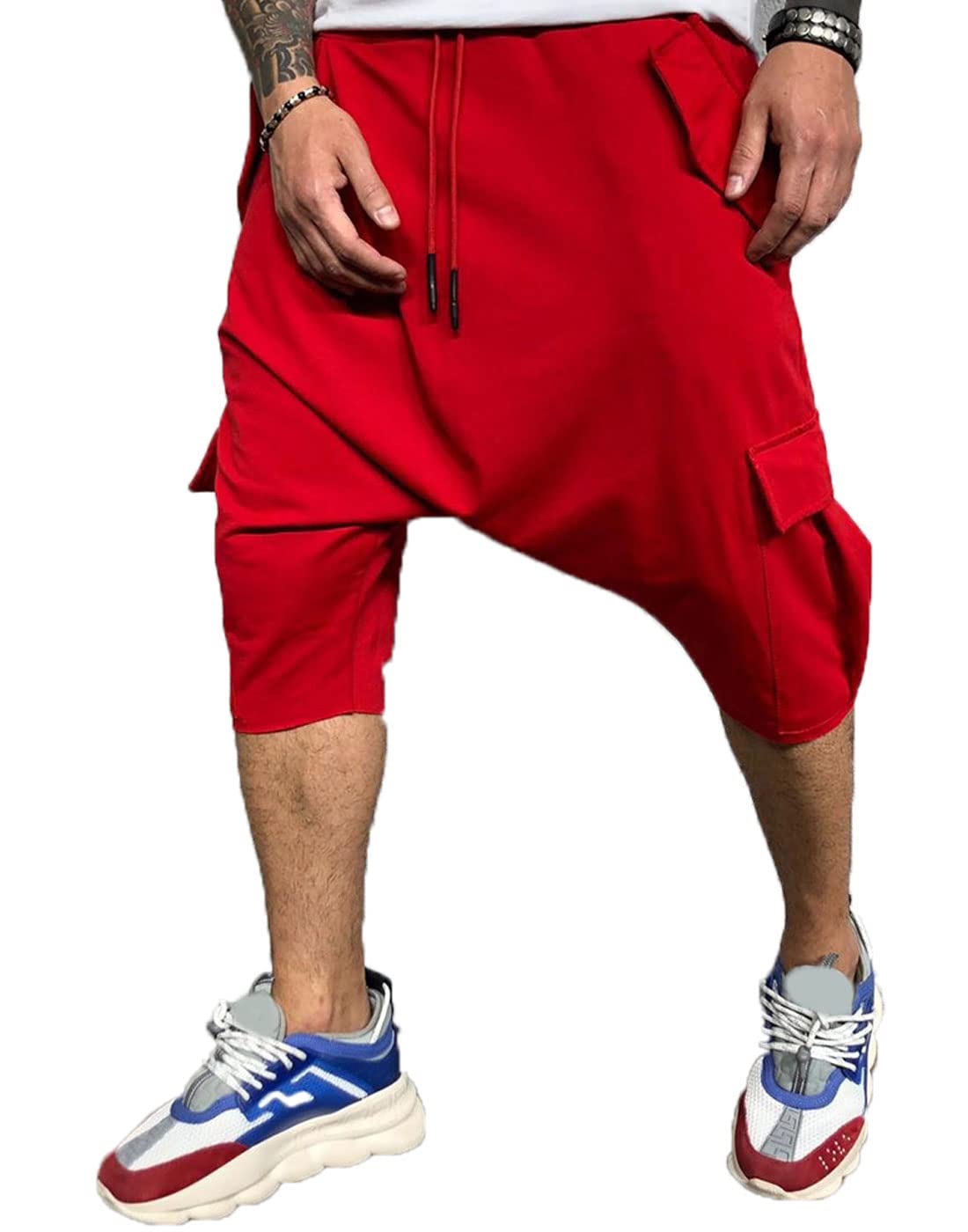 ZNUMen's 3/4 Harem Jogger Hippie Drop Crotch Baggy Cargo Capri Pants