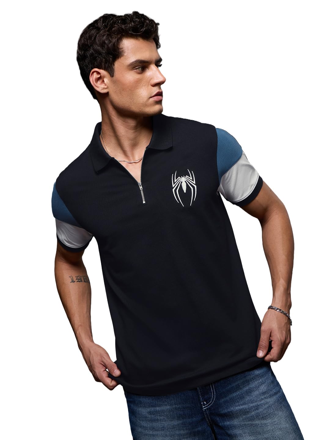 Spider-Man: Spidey Logo Men and Boys Short Sleeve Spread Collar Black Embroidered Cotton Elastane Regular Fit Stretchable Zip Placket Everyday Lightweight Polos-image-33