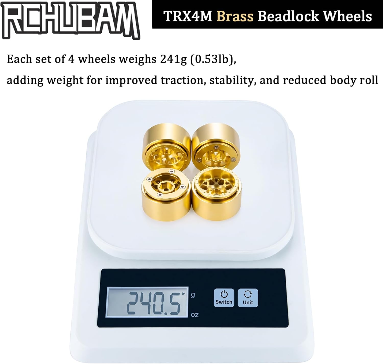 RCHUBAM 1.1" Plus Brass Wheel Rims 241g TRX4M Beadlock Wheels Hub Counterweight Style HxW 32x16mm Compatible with TRX4M SCX24 1/24 1/18 Defender RC Crawler Cars Upgrades