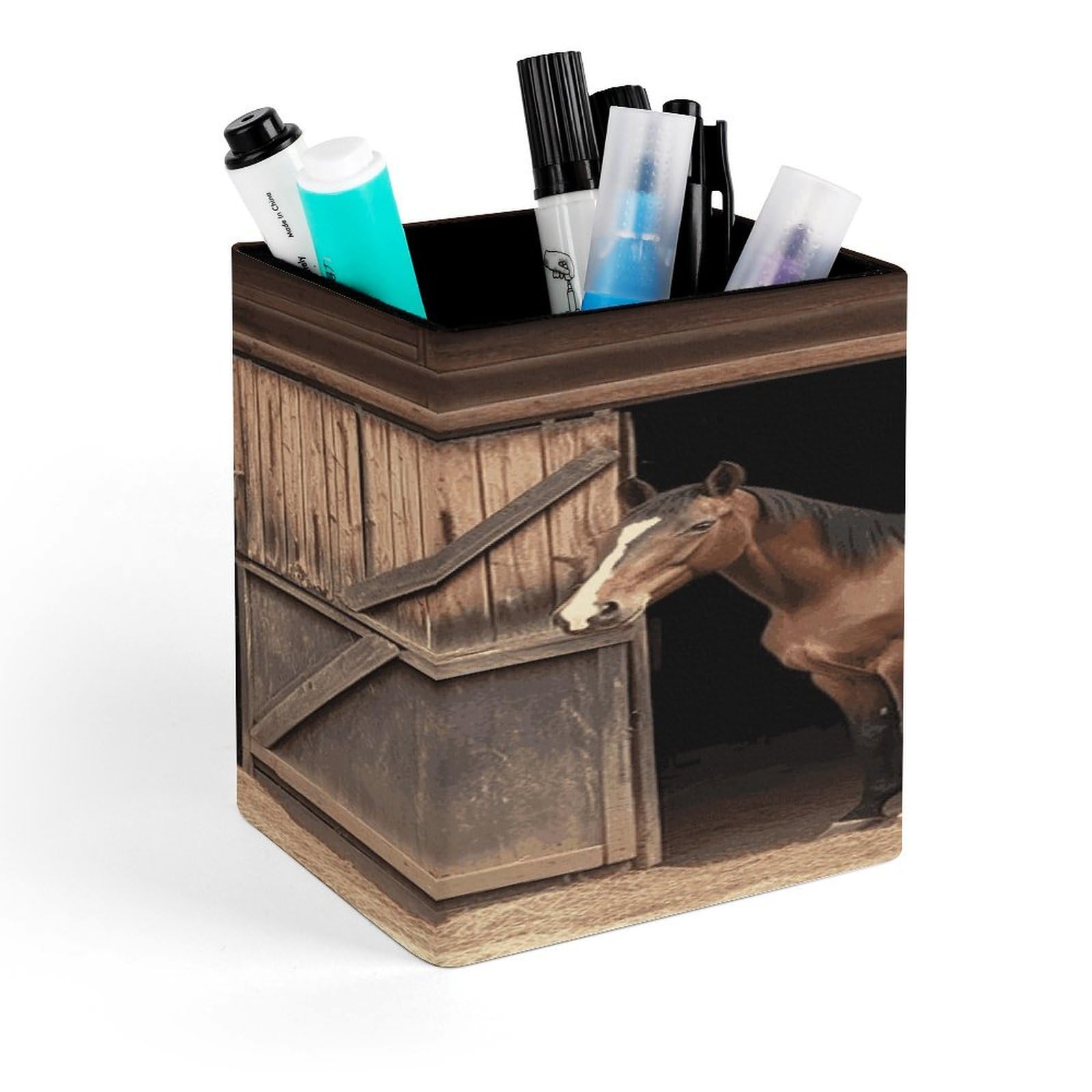 FekiLoot Square Barn Horse Pen Holder PU Leather Pencil Cup Desk Organizer Cute Makeup Brush Storage Organizer Modern Design Office Accessories Container Box 4.3x 3.5x 3.1 in