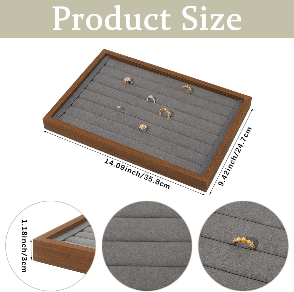 Beebeecraft 7 Slots Ring Earring Tray 14x9.7 Wood Organizer Rectangle Velvet Jewelry Tray Holder for Ring Stud Earring Display Selling Showcase Collection