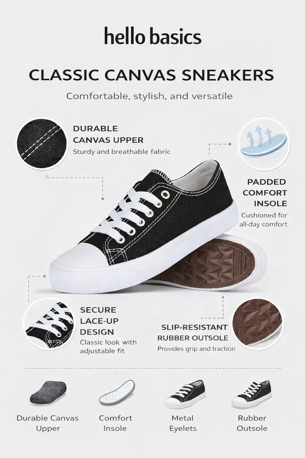 hello basics Canvas Shoes for Women Casual Low Top Women's Fashion Sneakers Slip on for Women (11, Black White)