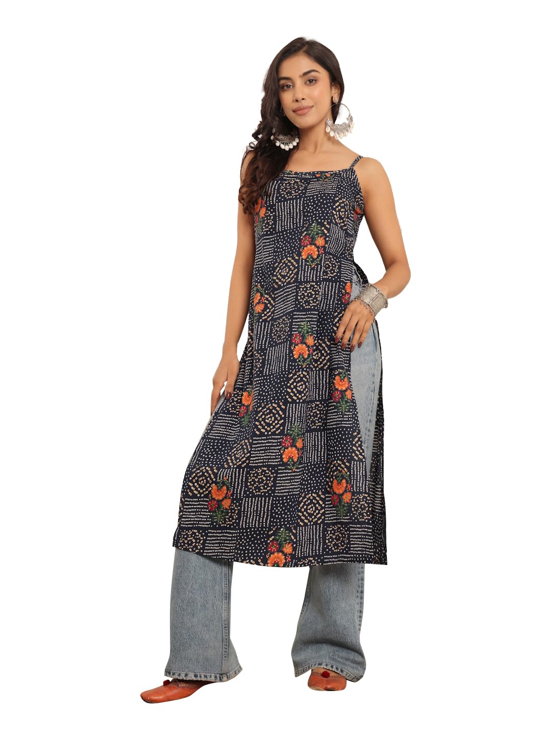Varanga Women Navy Blue Bandhani Floral Printed Round Neck Strap Style Kurta With Side Slit  Stylish & Comfortable Design For Casual Occasions