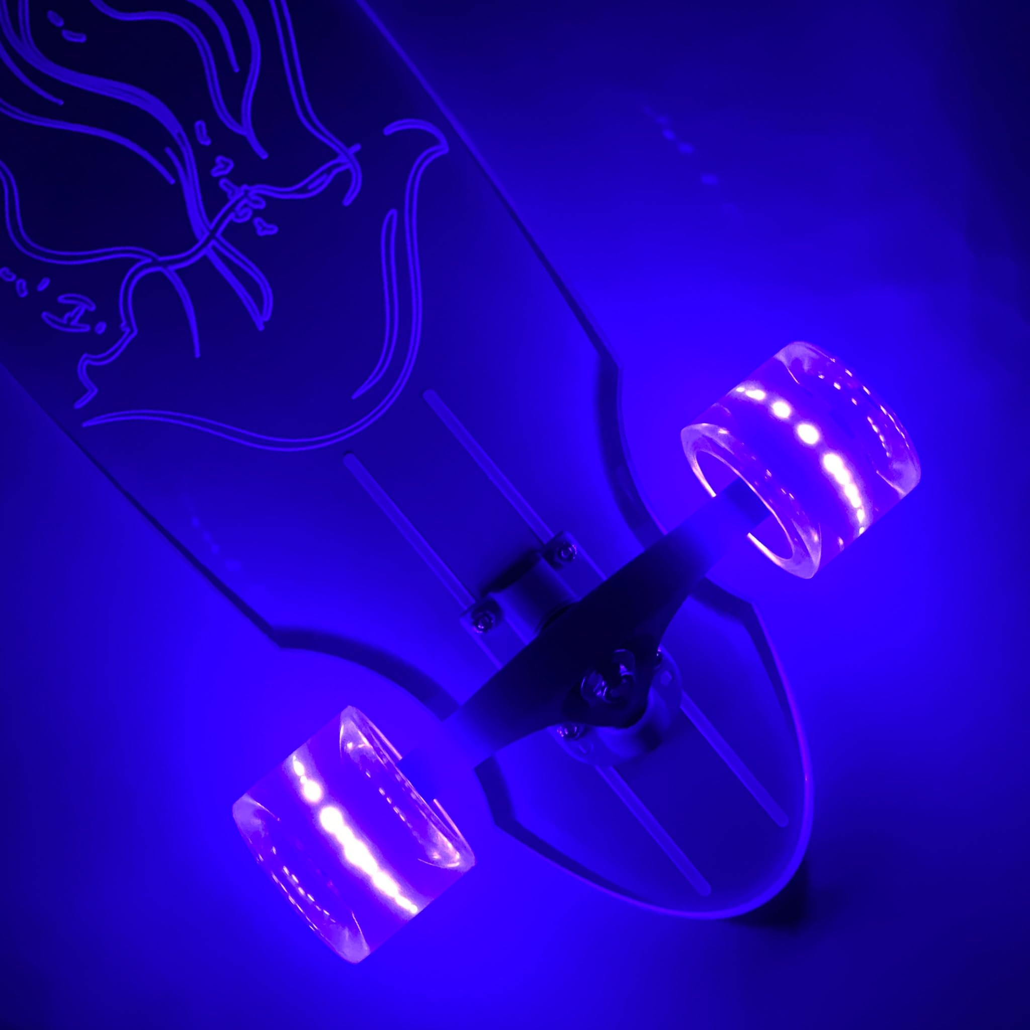 Patineta larga transparente de acrílico transparente con ruedas LED iluminadas para paseos suaves - Pasea por las calles con estilo con longboard construido para principiantes y 2