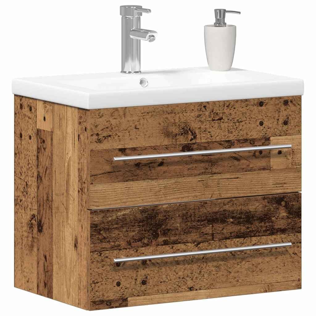 Armario de lavabo de madera vieja con lavabo de cerámica, 60 x 38,5 x 48 cm, 2 cajones, armario de baño para baño, montaje en pared, espacio de almacenamiento muebles con estante y organizador