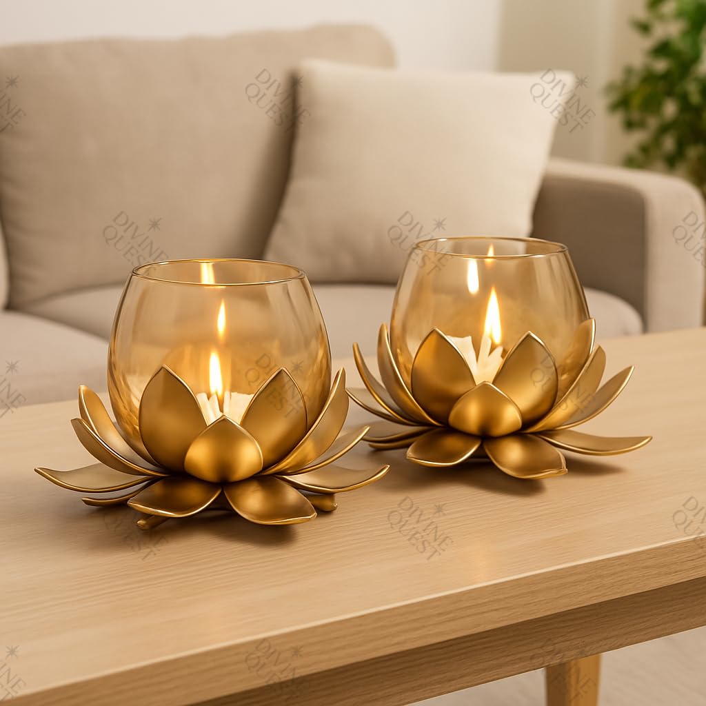 Golden Lotus Tealight Candle Holders for Home Decor - Set of 2 Premium Brass Metal Votive Diya for Diwali, Pooja, Mandir & Luxury Gift Lotus Flower,Lamp-image-38