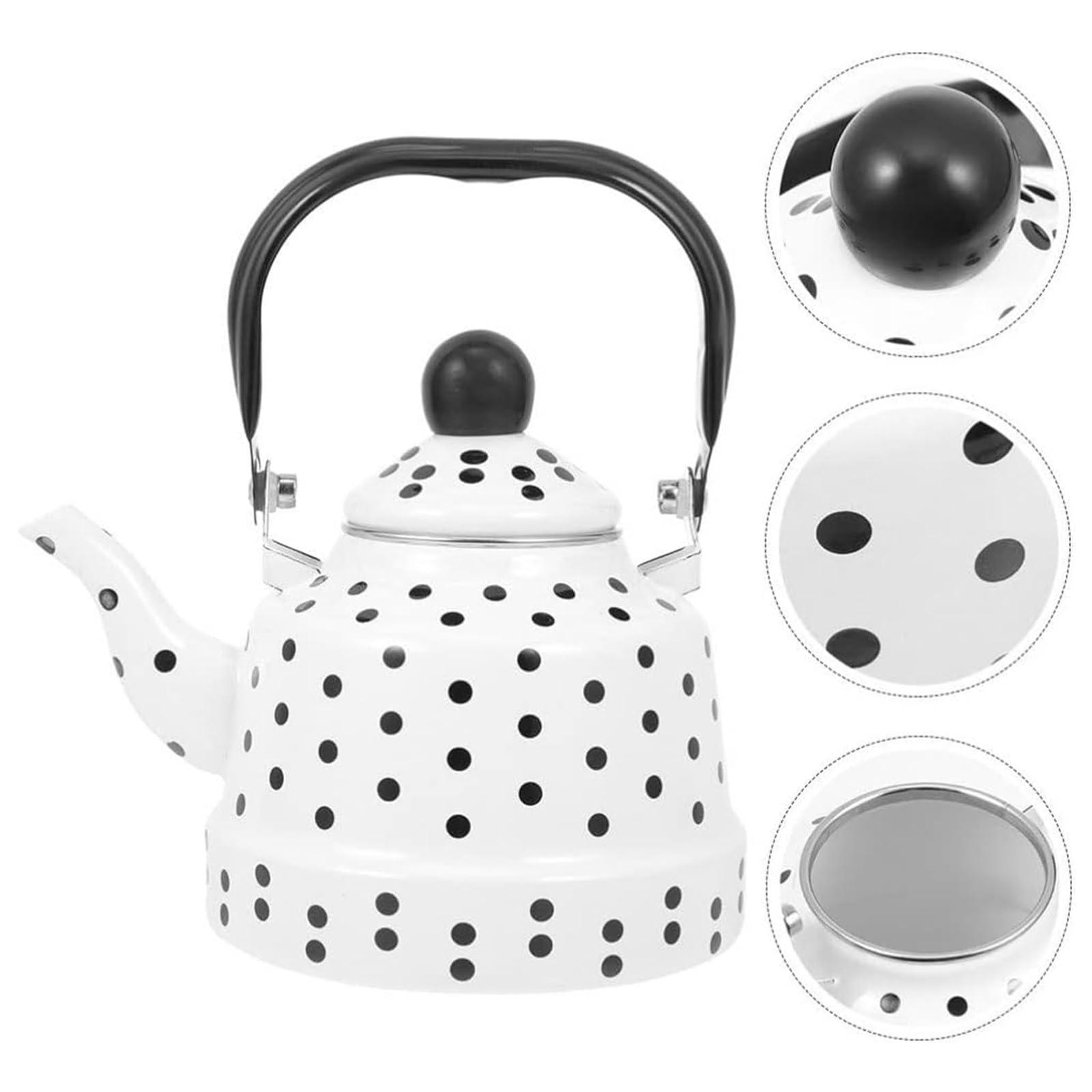 Bouilloire en émail blanc avec motif à pois noirs pour dessus de cuisinière, théière rétro pour eau chaude, chaleur rapide, remplissage facile, sans sifflement (1,7 l)