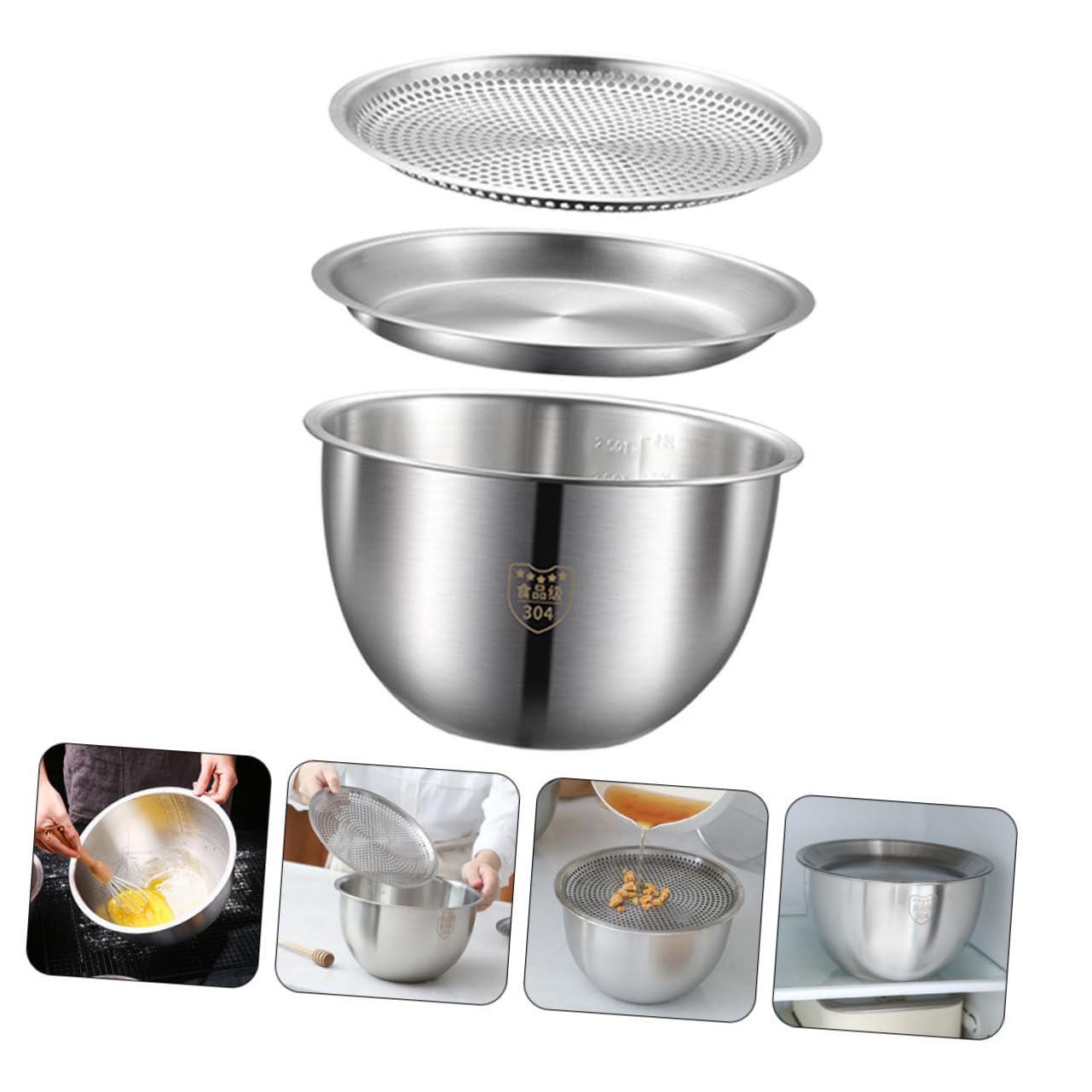 Gatuida Set de Bassines en Acier Inoxydable Multi-fonction avec Passoire Anti-dérapante pour Œufs et Riz, Ustensile Cuisine Ménager Argenté Pratique