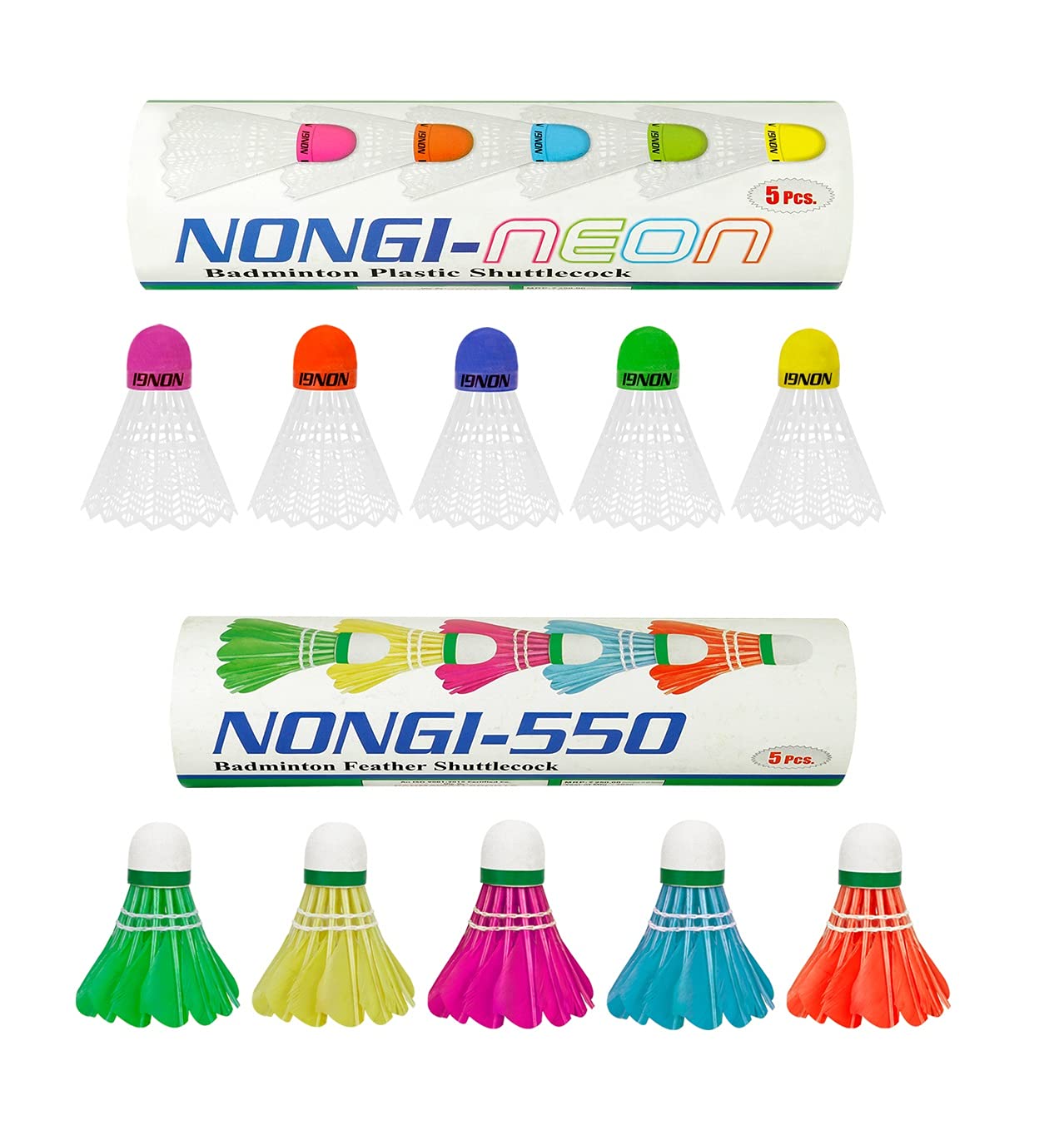 Nongi Neon Combo Pack of 10 Shuttlecocks (5 Multicolored Cork Plastic), 550(5 Multicolor Feather) for Outdoor Indoor Sports-image-26