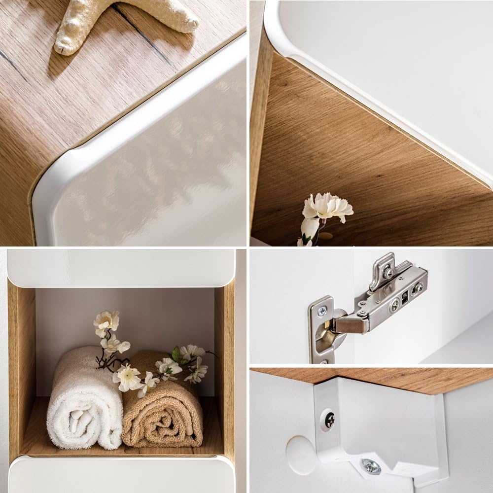 Lomadox Komplett Badezimmer Set in Hochglanz weiß mit Wotan Eiche Nb., 61 cm Keramik-Waschtisch mit Unterschrank, LED-Spiegelschrank & Hochschrank