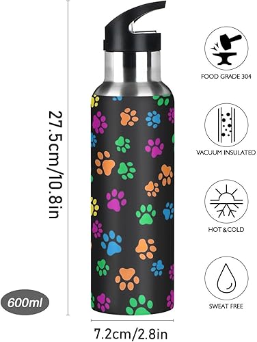 Miniatura 9 de Colorful Dog Paw Prints Stainless Steel Water Bottle 32 Oz, BPA-Free Sports Water Bottle with Straw Leakproof Water Bottles