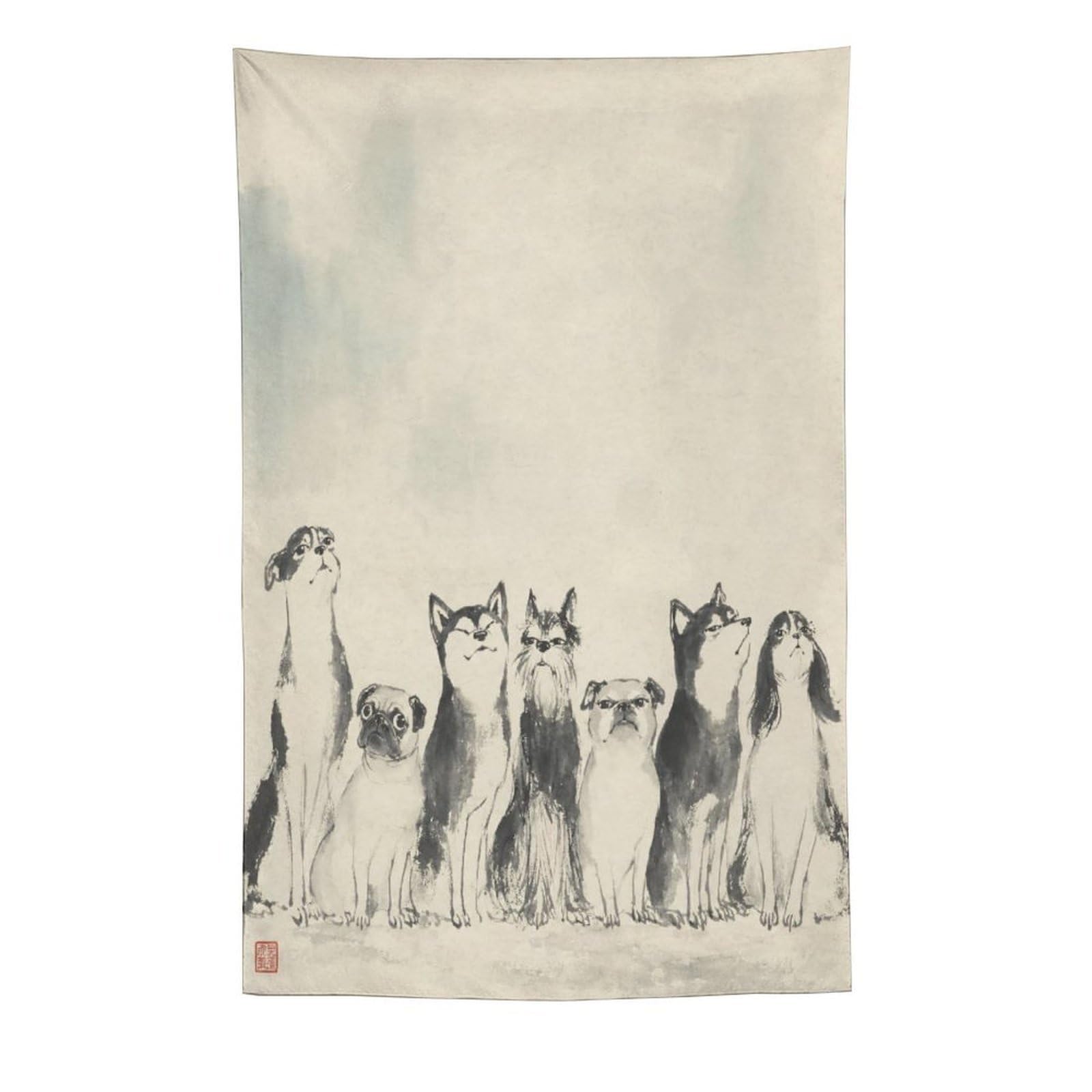 W7C8U2X3 White Dog Group Wall Tapestry, Asian Ink Style, Ink Wash