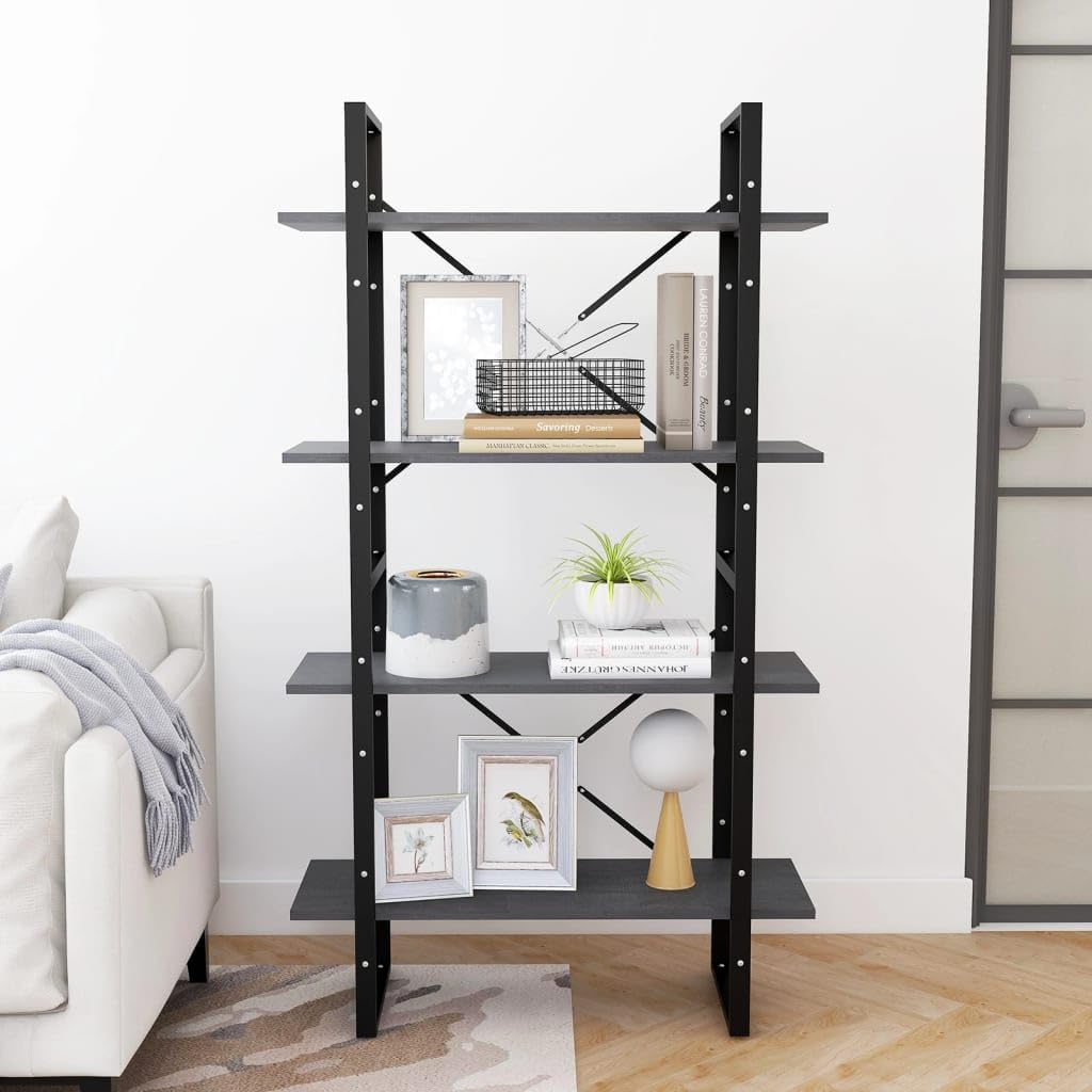 Scaffale per soggiorno, libreria, 4 scomparti, grigio, 80 x 30 x 140 cm, in legno di pino massiccio, per libri, soggiorno, studio, ufficio