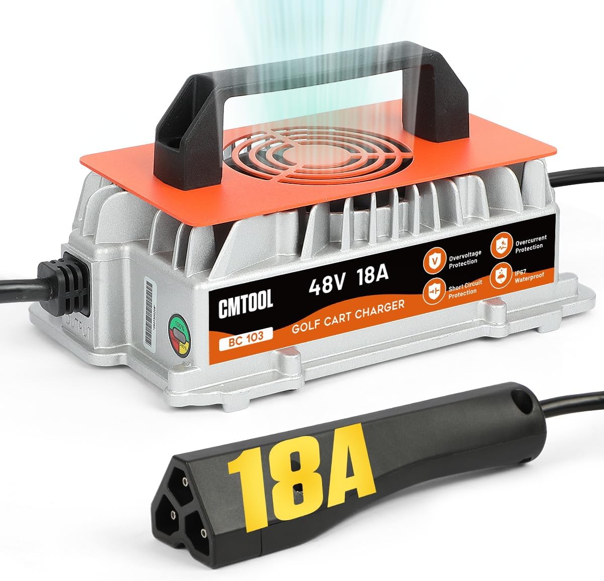 CMTOOL 48V 18A Golf Cart Battery Charger for EZGO RXV & TXT, 1250W Smart Automatic Trickle Charger, 3-Pin Triangular Plug, IP67 Waterproof, for 48V Lead-Acid Batteries