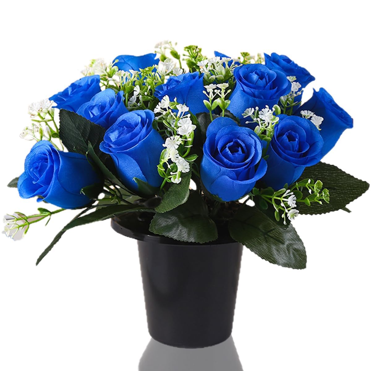 EtomvoopGrave Flower In Pot 12 Heads Artificial Rose Fake Funeral Floral for Memorial Cemetery Christmas Decorative (Blue)