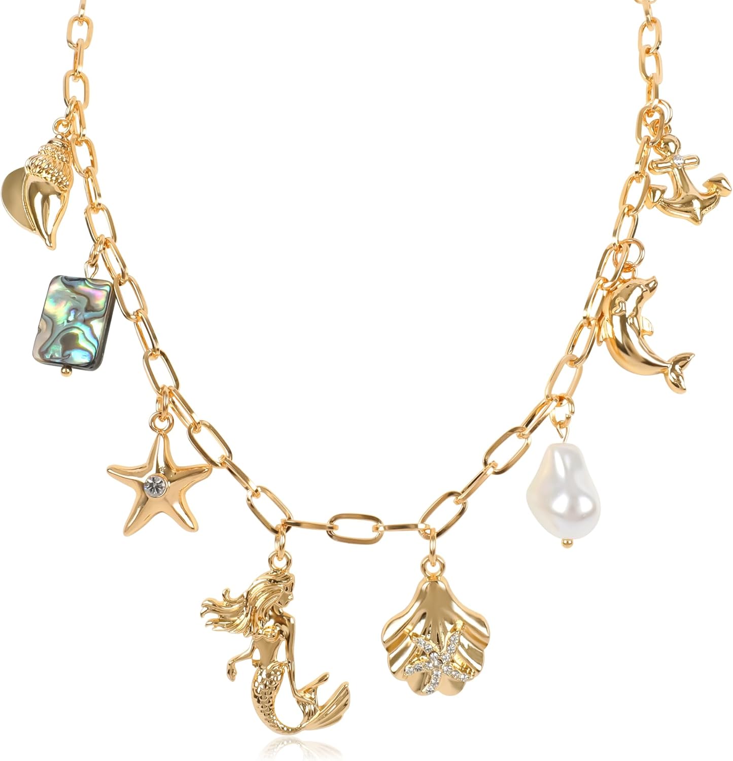Gold Ocean Charm Necklace for Women Hawaii Chain Necklace with Cute Dangle Mermaid Shell Pearl Starfish Conch Dolphin Ship Anchor Sea Pendant Adjustable Trendy Y2K Summer Beach Jewelry Gift for Women