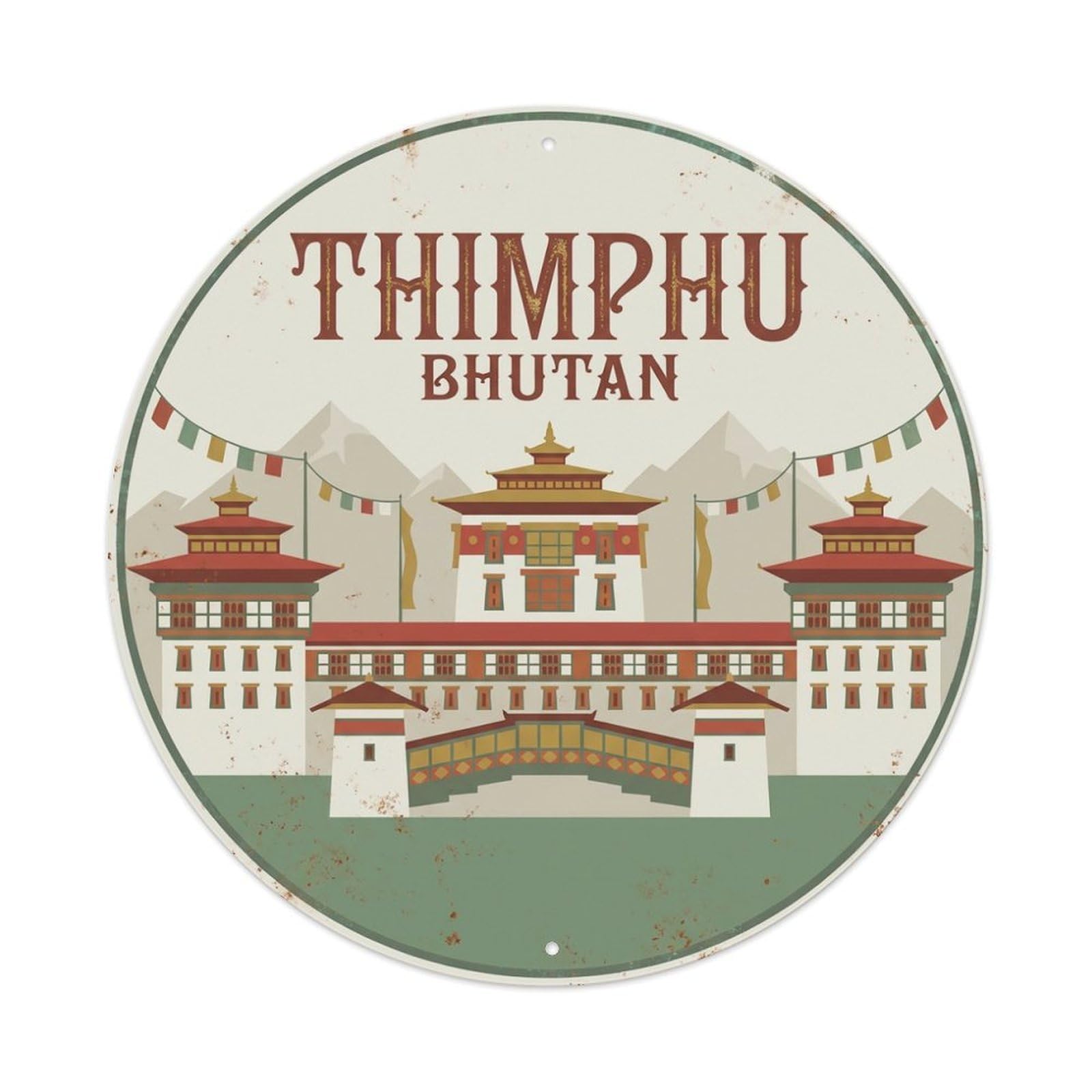 Vintage Travel Bhutan Thimphu Metal Tin Sign