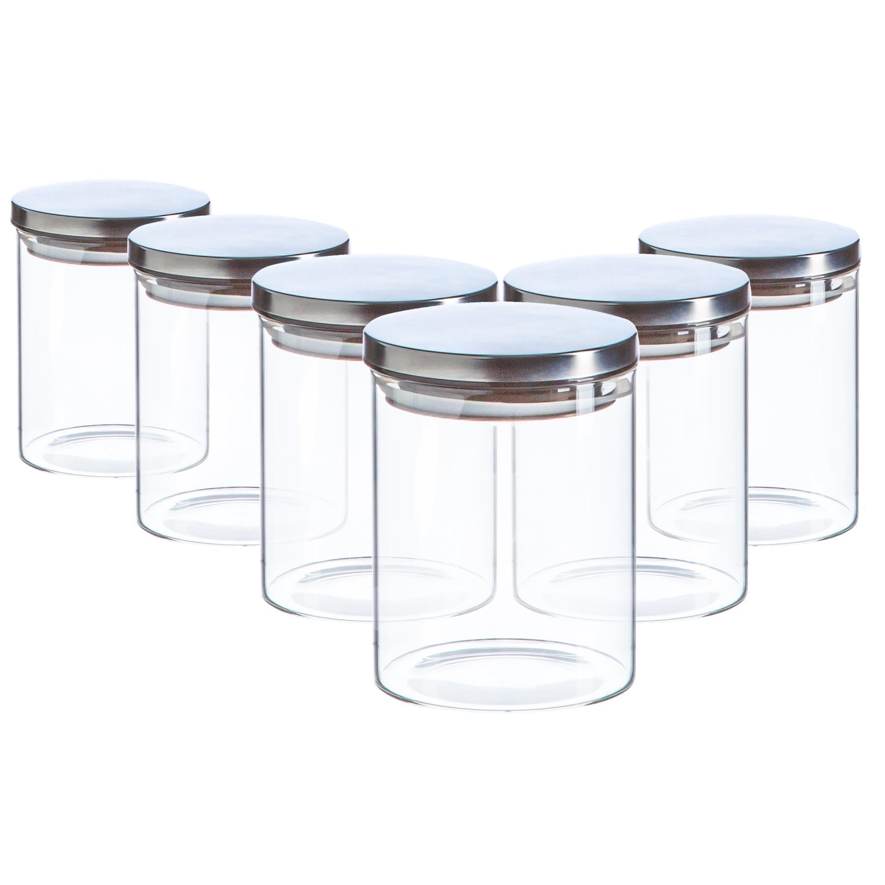 Argon Tableware Scandi Storage Jars with Metallic Silver Lids - 750ml - 6 Pack - Modern Round Organisation Container Glass Jar for Kitchens, Pantry, Bathrooms, Utility Rooms