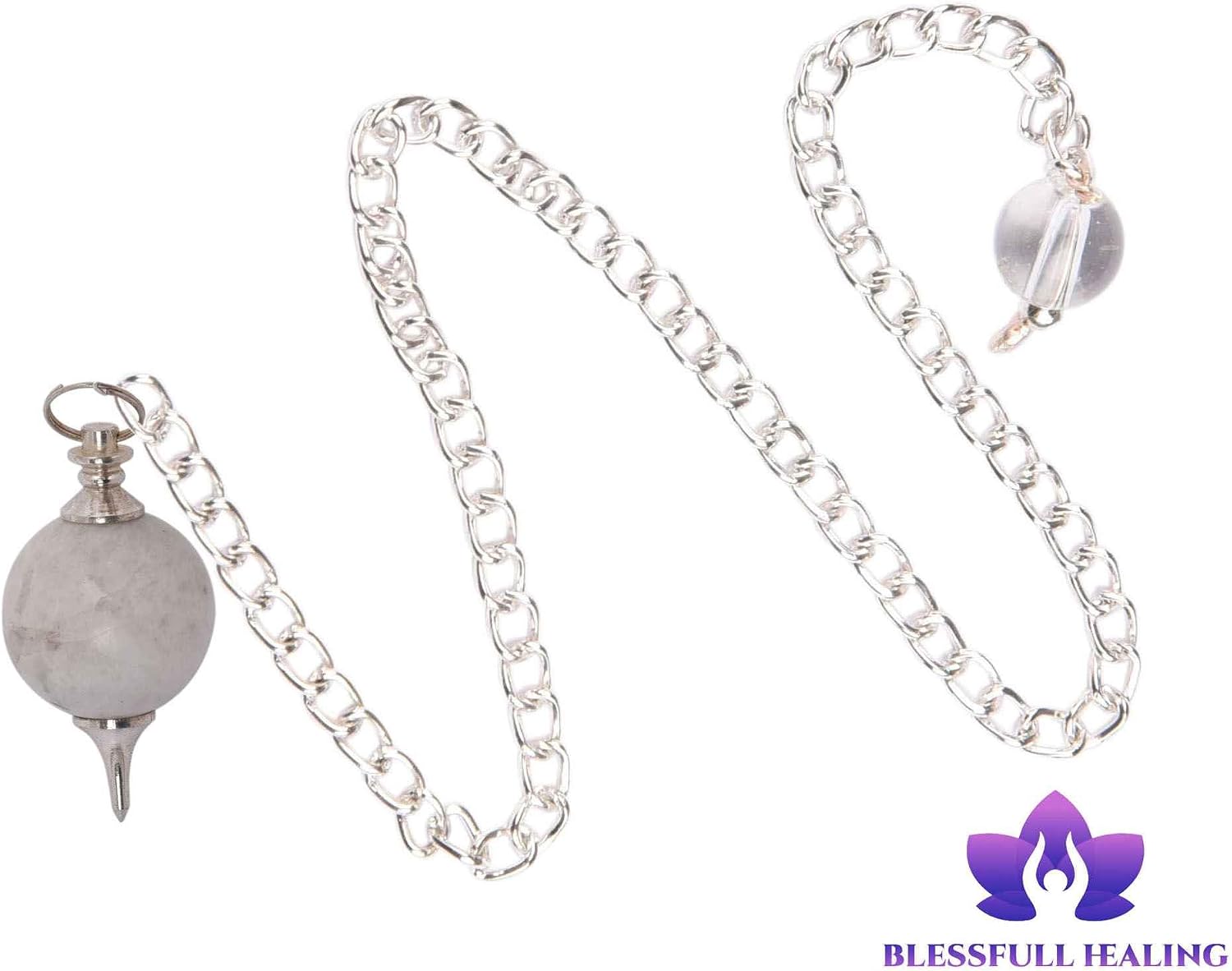 Blessfull Healing Reiki Gemstone Moonstone Dowsing Point Stone Ball Pendulum with Long Chain