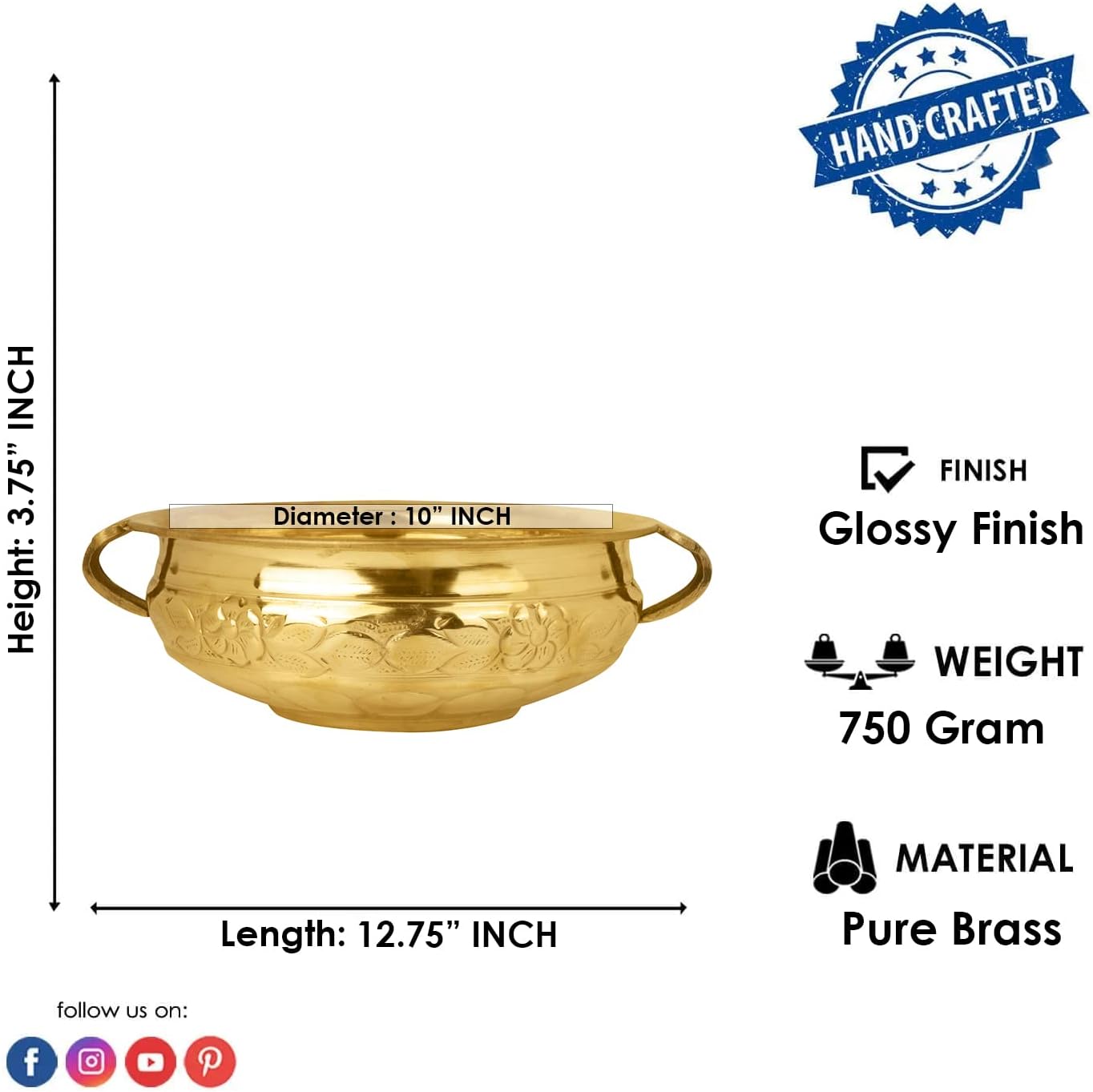 SATVIK Decorative 12.25" Inch (10" Inner Dia) Embossed Brass Urli For Floating Candles and Flowers Designer Bowl For Living Room Decoration