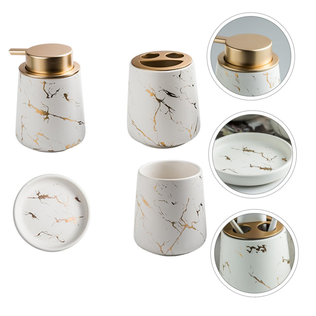 DOITOOL Juego de Recipientes de Cerámica para Baño 4 Piezas Mate Diseño Mármol Incluye Porta Cepillos de Dientes Vaso para Enjuague Bucal Jabonera y Frasco para Loción Adecuado