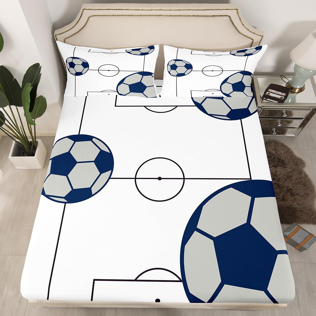 Football Fitted Sheet Twin Size Kids Football Court Bedding Set for Boys Girls Teens Soccer Ball Pattern Bed Sheet Set Breathable Sports Theme Bed Cover Deep Pocket Room Decor