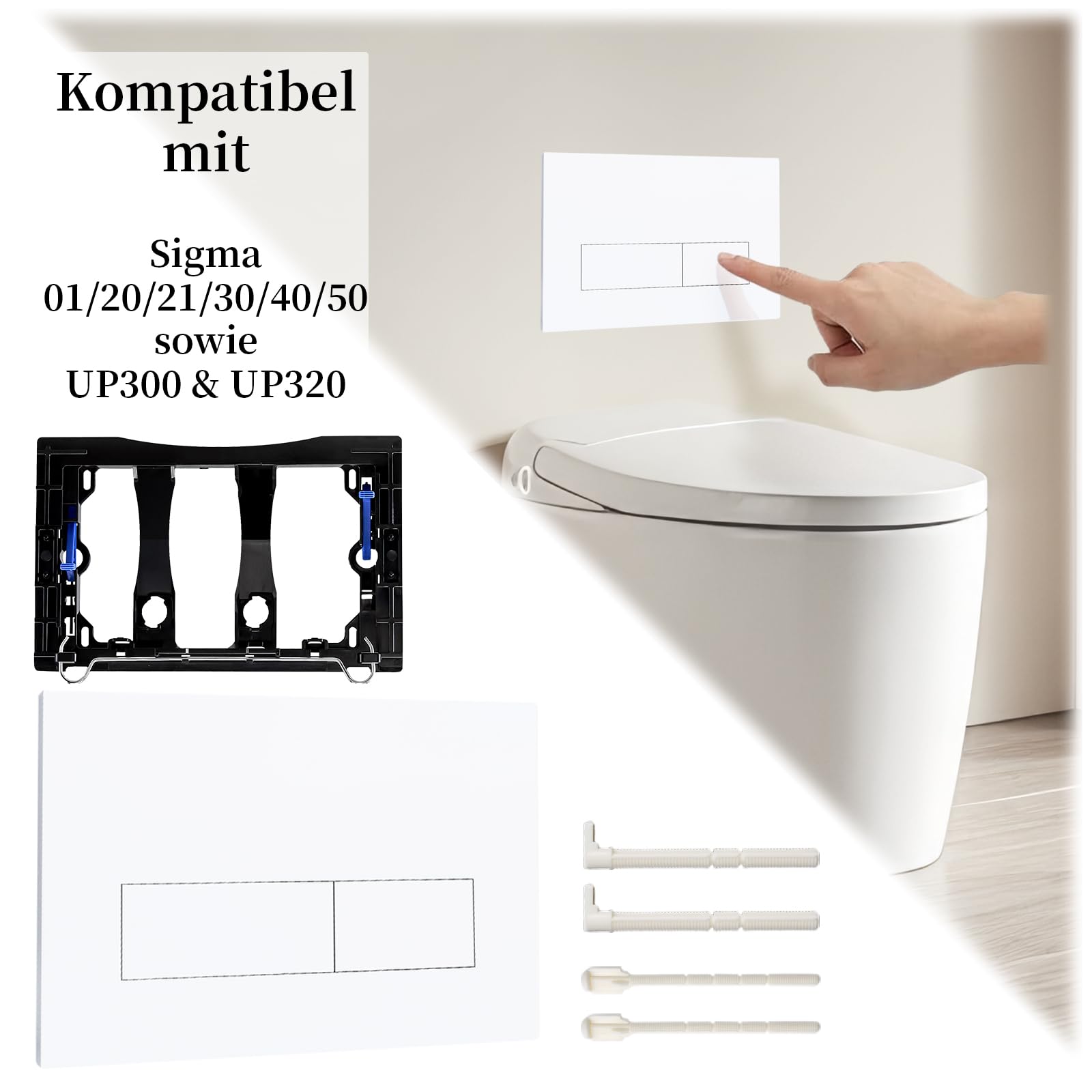 Drückerplatte WC Spülkasten, kompatibel mit Geberit Sigma 01/20/30, UP300 & UP320, Doppelspülung Betätigungsplatte 245 × 164 mm, mit Einbaurahmen (Gletscher Weiß)