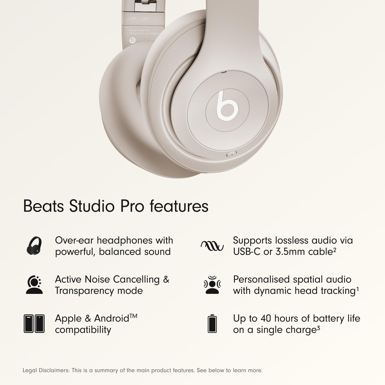 Beats Studio Pro – Wireless Bluetooth Noise Cancelling Headphones – Personalised Spatial Audio, USB-C Lossless Audio, Apple & Android Compatibility, Up to 40 Hours Battery Life – Sandstone - 3