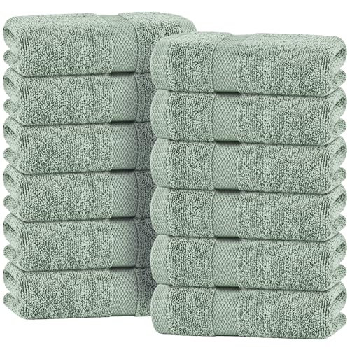Image of White Classic Green Hand Towels for Bathroom [12 Pack] Cotton Hand Towel Bulk for Gym, Kitchen and Spa, 16x27 Inches Soft Highly Absorbent Quick Dry Terry Salon Towels