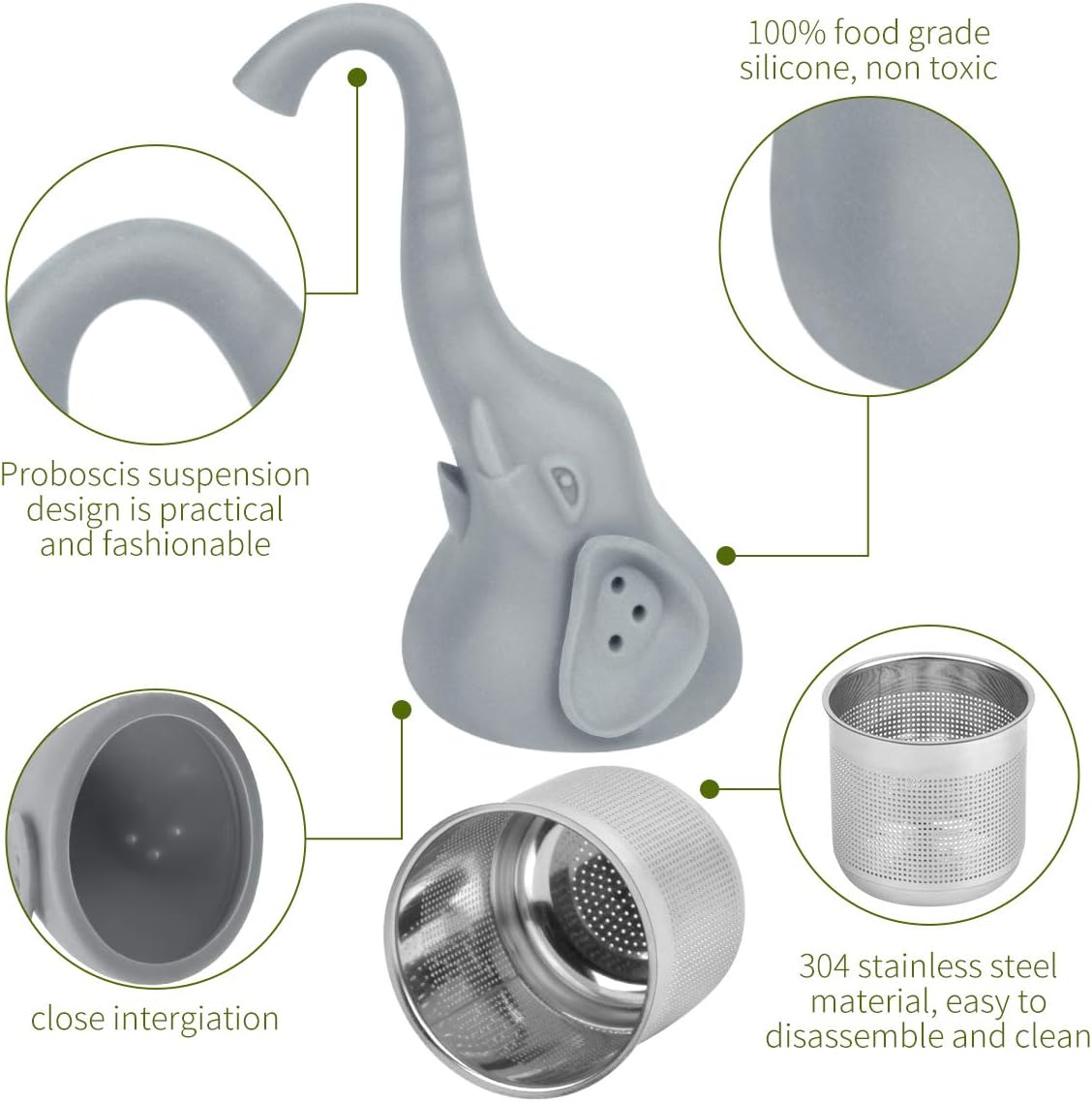 LALA DOLCE Tea Infuser, Funny Elephant Silicone and Stainless Steel Fine Mesh Tea Basket. Great for Loose Leaf Cereal Cups, Mugs and Teapots (Grey)