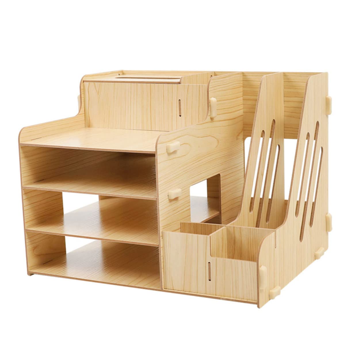 HOMSFOU Estante Organizador De Escritorio De Madera Natural con Múltiples Compartimentos Deslizantes y Gran Capacidad Rack para Almacenamiento De Archivos y Suministros De Oficina