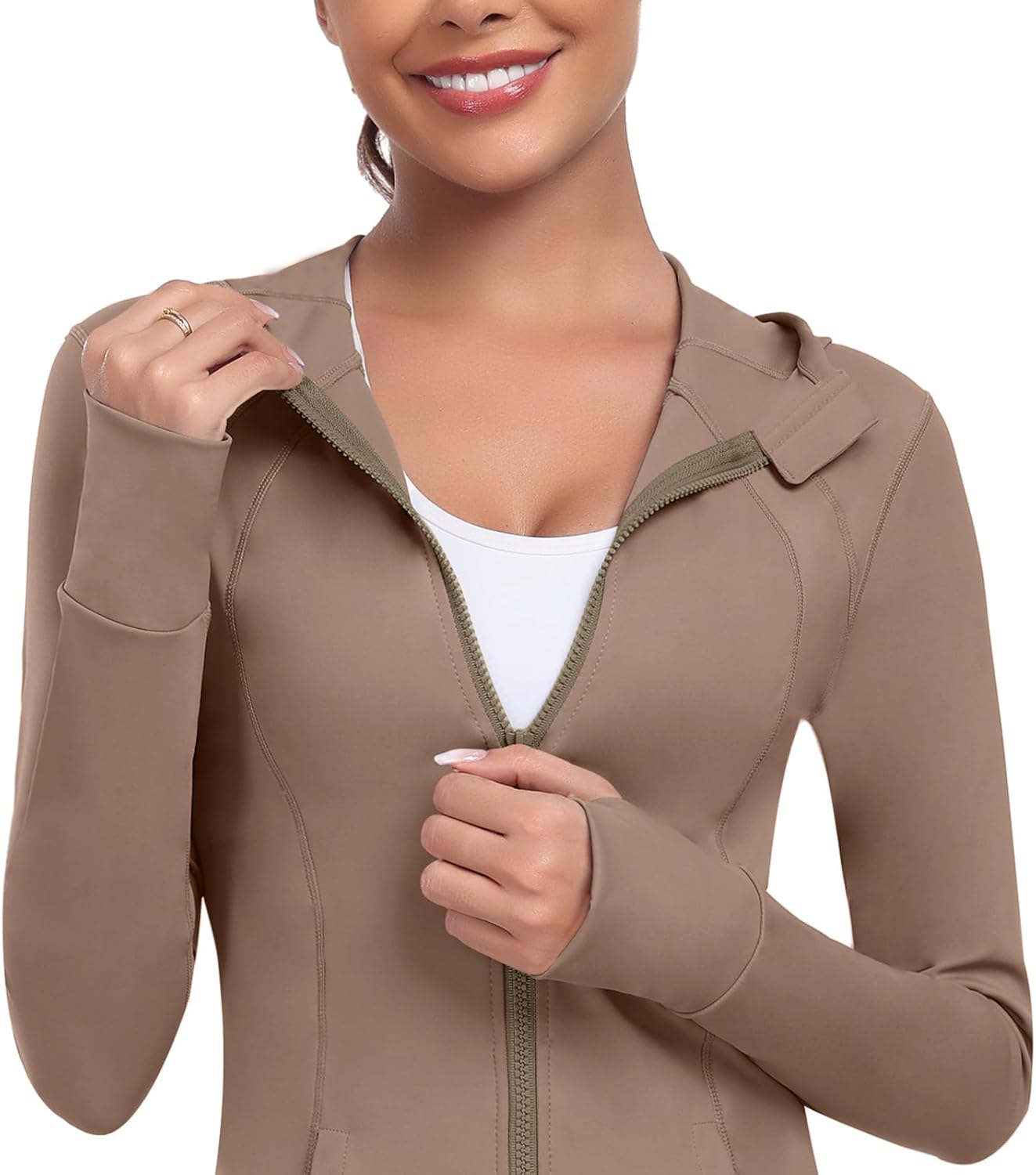 Women's Hooded Athletic Full Zip Workout Jacket With Pockets Running Slim Fit Yoga Sportwear With Thumb Holes - Image 5