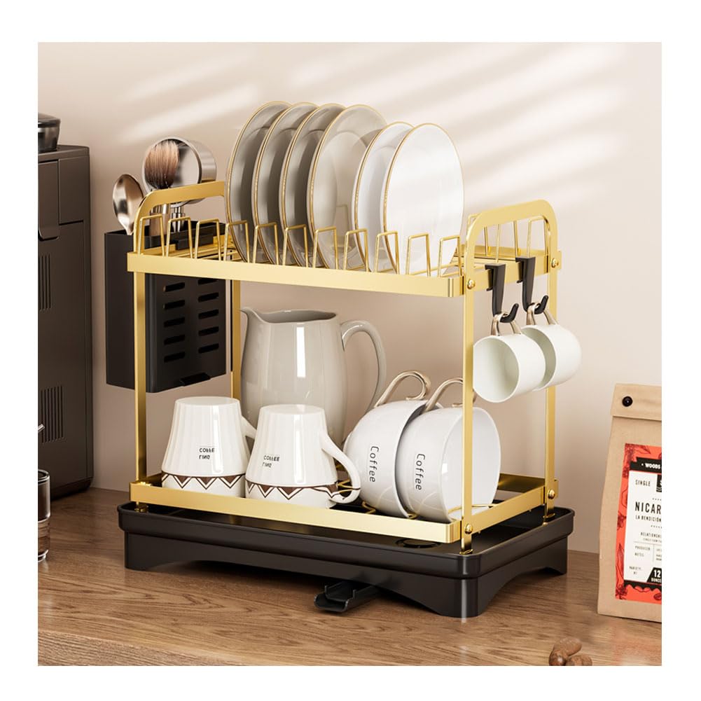 HGTRH 2 Tier Dish Drying Rack, Compact Dish Drainers with Cutlery Holder 360° Swivel Drain Spout for Kitchen Counter Iron Gold