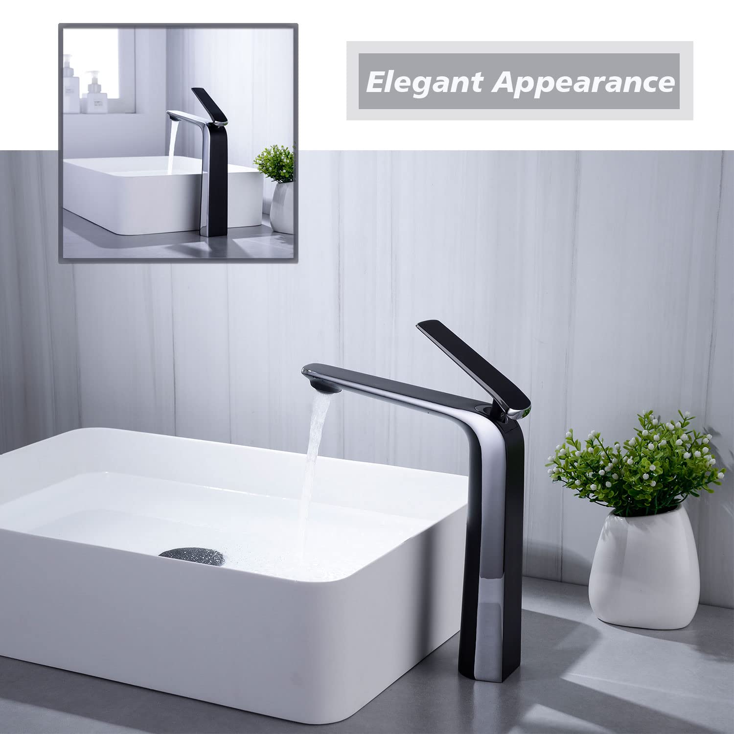 TOCALOCA Rubinetto per lavabo alto Rubinetto da bagno nero e argento, Rubinetto per lavabo in ottone Rubinetto per lavabo nero opaco e cromato Rubinetto per lavabo da bagno, Maniglia singola Rubinetto