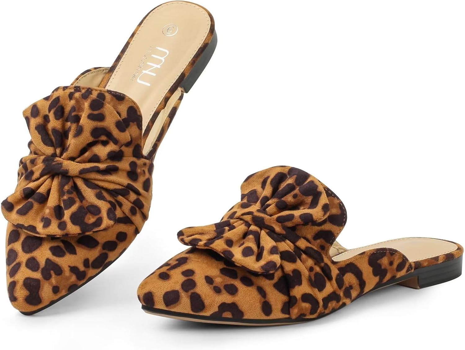 MUSSHOE Suede Bowknot Mules for Women: Comfortable Lightweight Pointed Toe Slip On Flats - Non-Slip Dressy Backless Loafers for Office Business & Everyday Wear