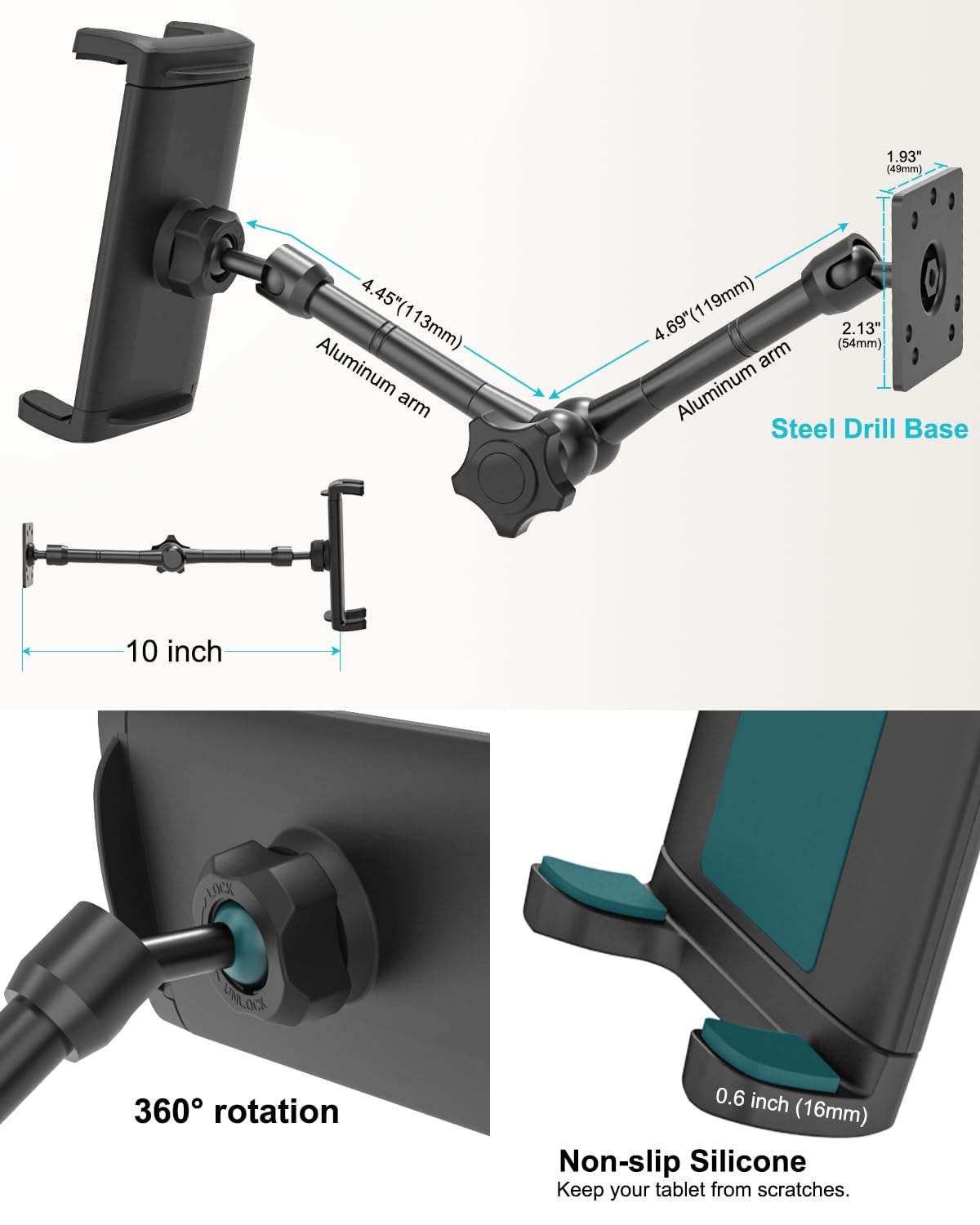 Soporte Tablet Pared Universal, Ajustable Metal Soporte Pared Cocina para iPad 10,9, iPad Pro 13 12.9 11, iPad Air 6 5 4, iPad Mini, Galaxy Tab A9+, iPhone, 4" -13" Tableta y Teléfono